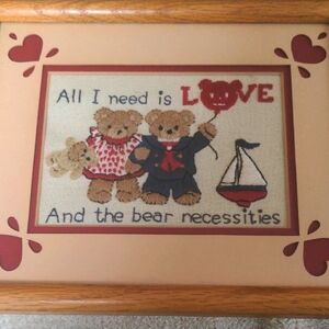 Crewel Work Nursery, Child's Room Picture, Framed, Matted, Teddy Bears  9" X 11"